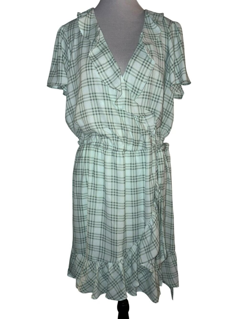 NWT Lauren Conrad Green Plaid Ruffle Short Sleeve Faux Wrap Dress - Size L